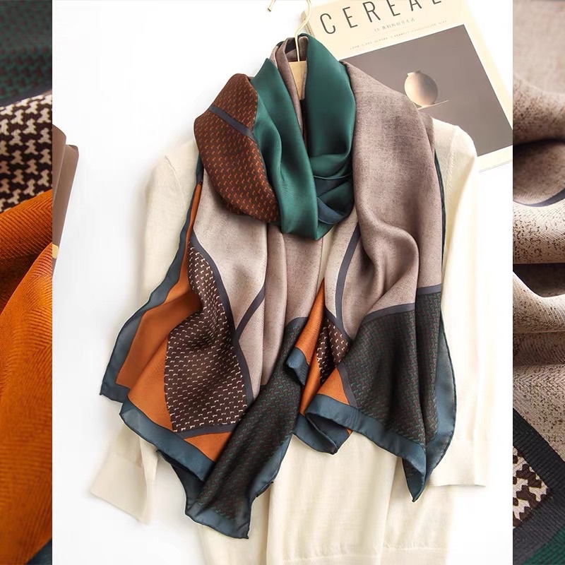 Khăn Lụa Dài Cao Cấp Hoạ Tiết Hình Học Màu Nhã Cực Sang