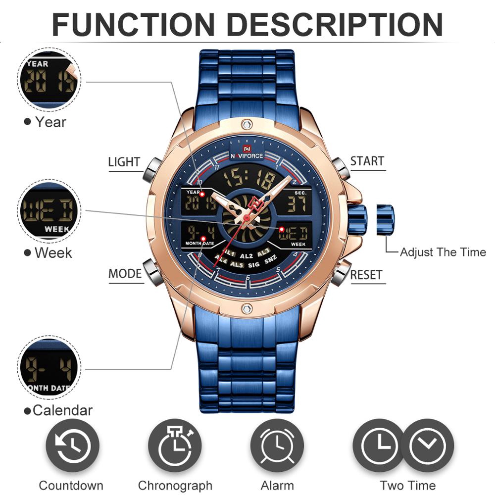 NAVIFORCE NF9170S Men Sport Fashion Stainless Steel Band Analog Digital Watch