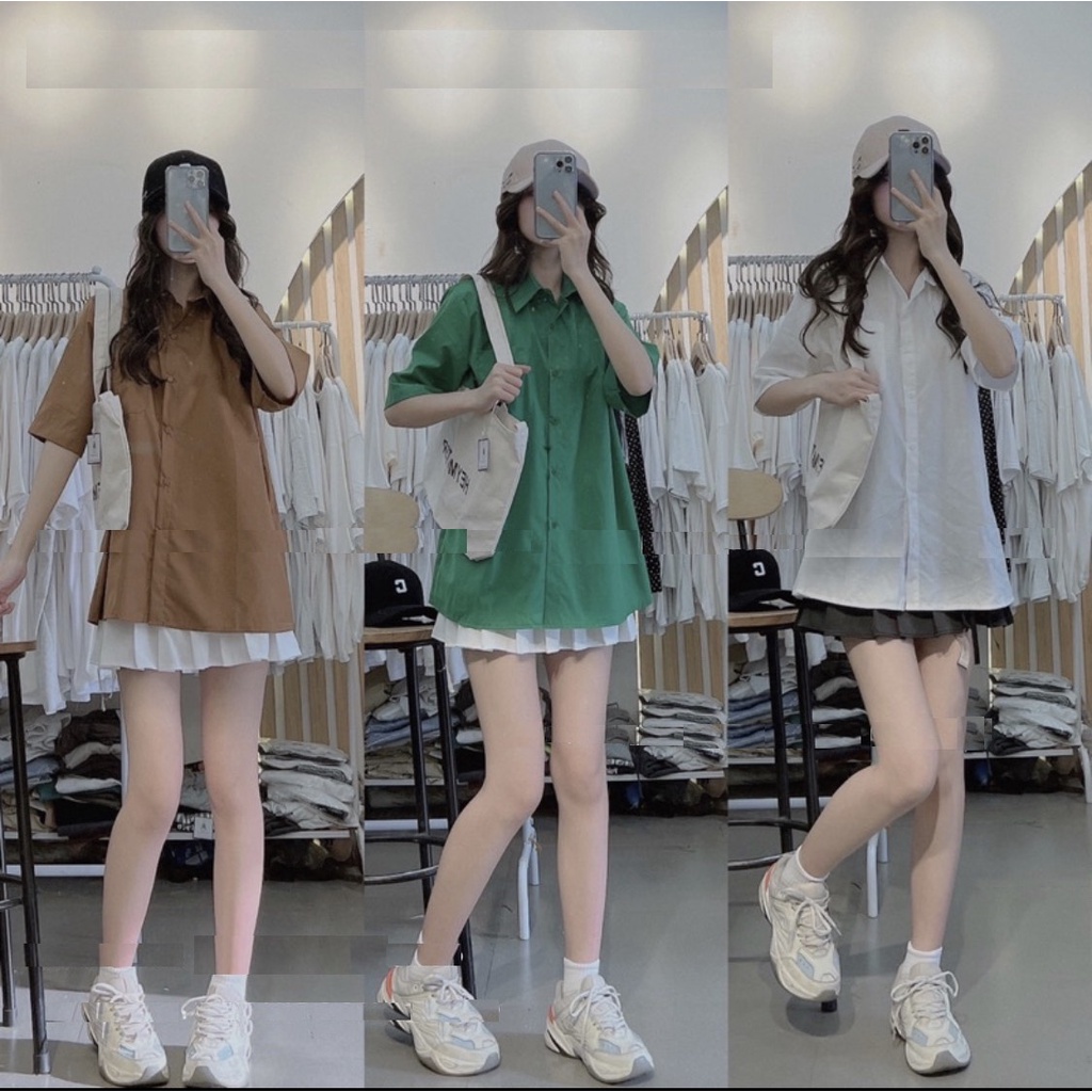 Áo Sơ Mi Thô Hàn Xnt PEONYB Nữ [FREESHIP]  Thun kiểu học sinh form rộng tay lỡ cổ bẻ hàn quốc đường phố Ulzzang