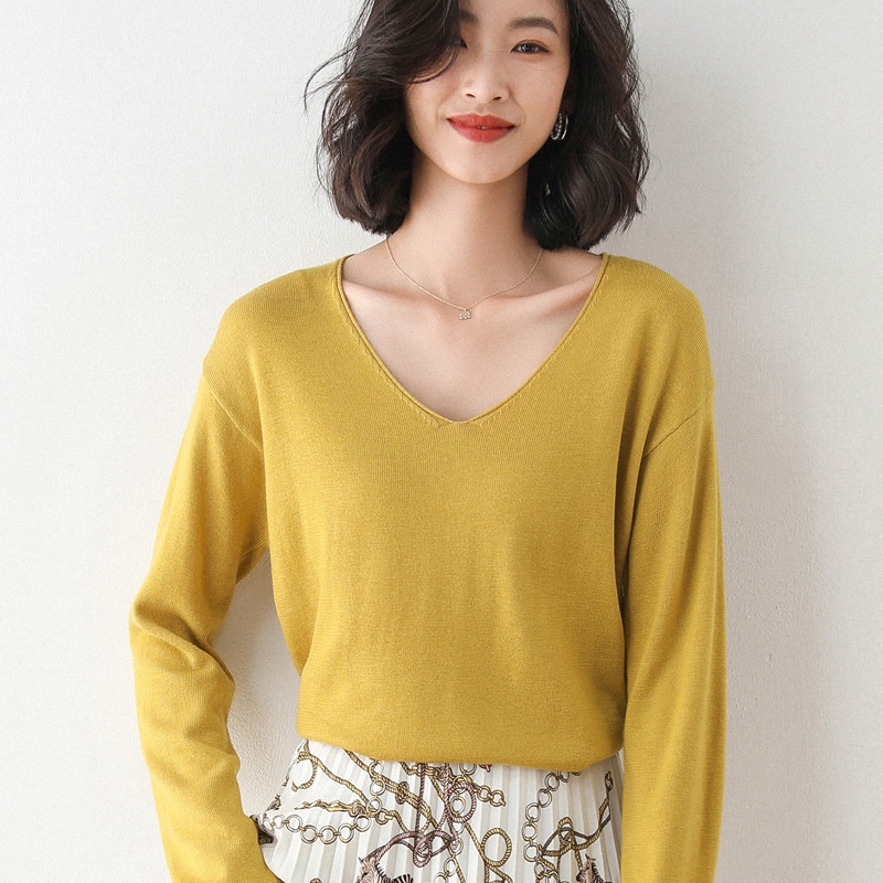 Áo thun IELGY cổ V tay dài thanh lịch dáng rộng