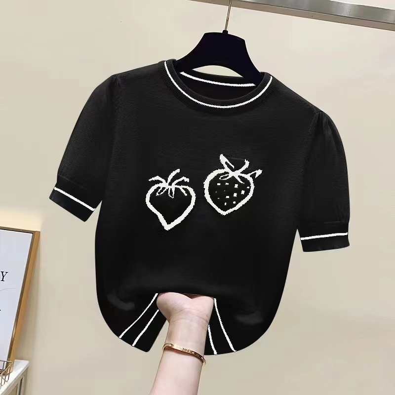 Áo Thun Dệt Kim Tay Ngắn In Hình Dâu Tây Thời Trang Mùa Hè Hàng Mới Dành Cho Bạn Nữ