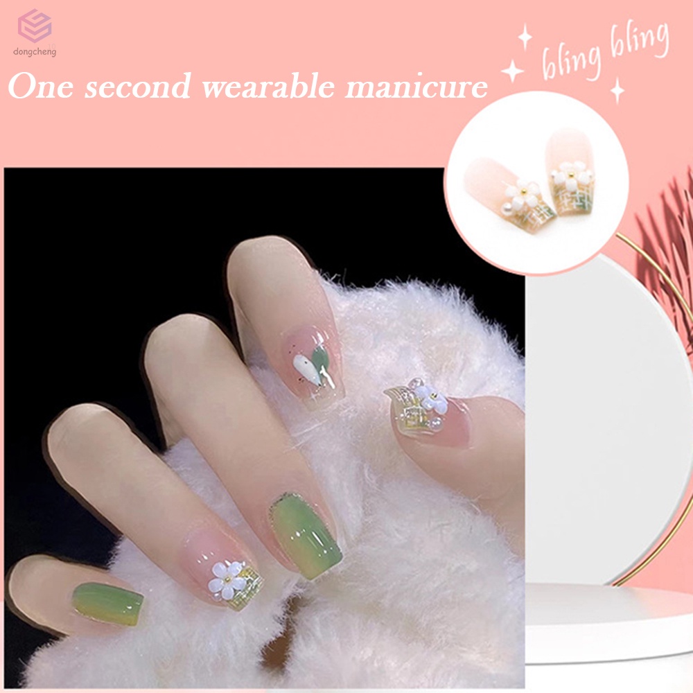 Bộ Móng Tay Giả Họa Tiết Trái Tim Màu Hồng / Xanh Lá Cho Nữ