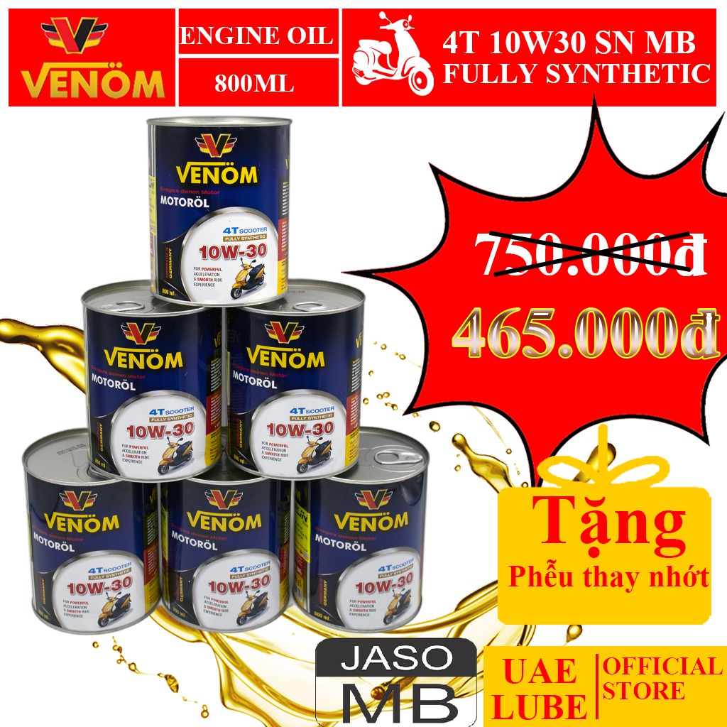 Combo 6 Lon Nhớt Tổng Hợp Xe Tay Ga VENOM 4T SCOOTER 10W-30 Fully Synthetic API SN Jaso MB 800ML - Made in UAE