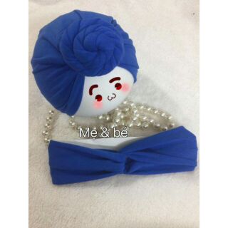 Sét mũ cho bé, turban chéo cho mẹ xanh coban