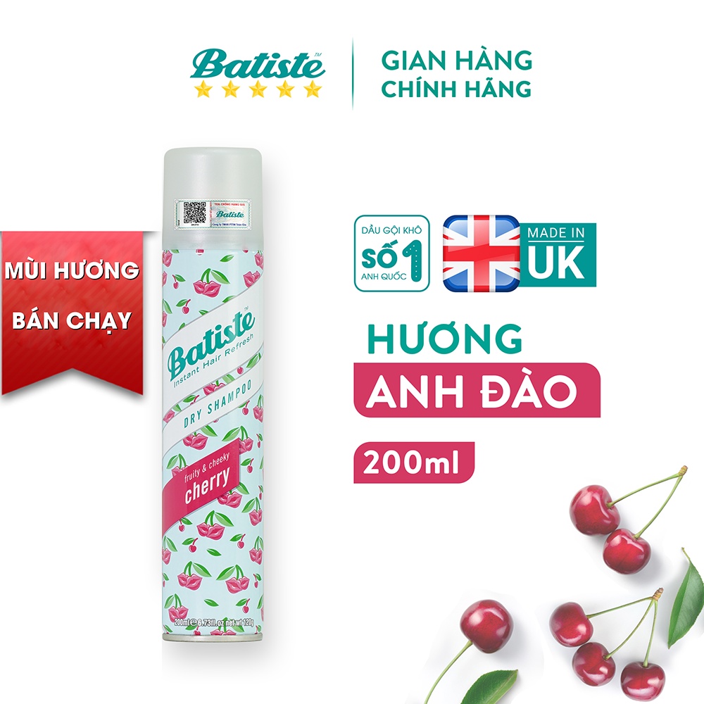 [Mã FMCGMALL -8% đơn 250K] Dầu Gội Khô Hương Anh Đào - Batiste Dry Shampoo Fruity &amp; Cheeky Cherry 200ml