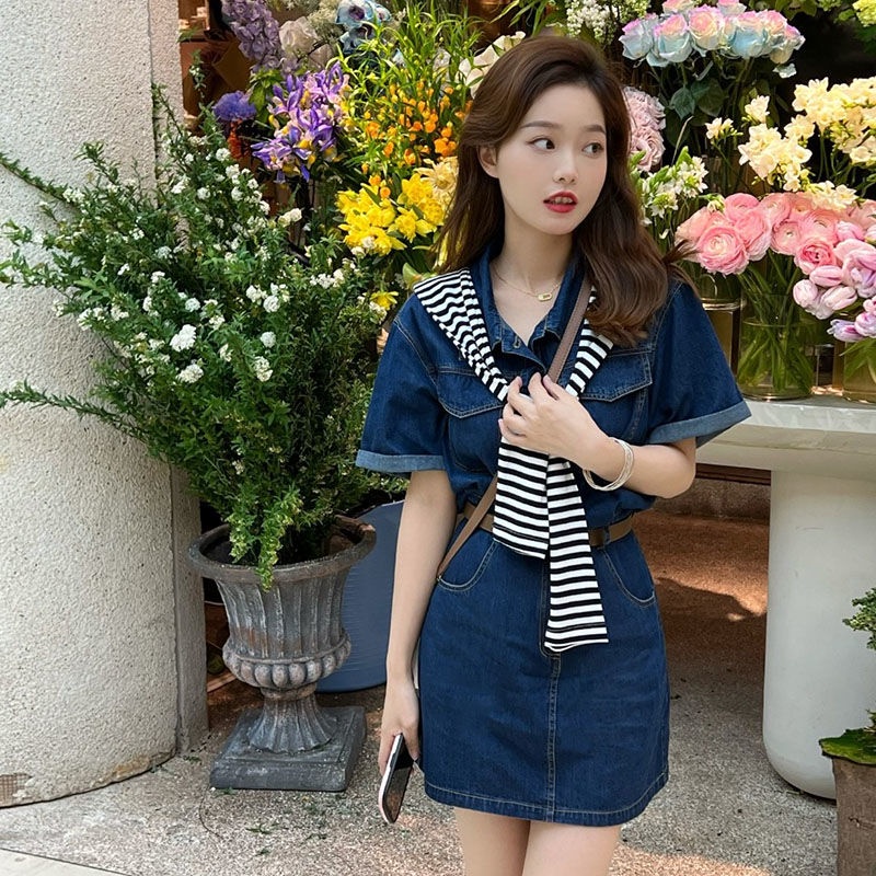 Đầm denim tay ngắn eo nhỏ màu xanh dương mỏng phong cách Pháp retro thời trang mùa hè dành cho nữ