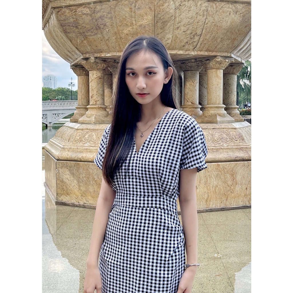 Đầm suông sọc caro cổ tim tay ngắn hàng VNXK cao cấp