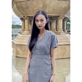Đầm suông sọc caro cổ tim tay ngắn hàng VNXK cao cấp