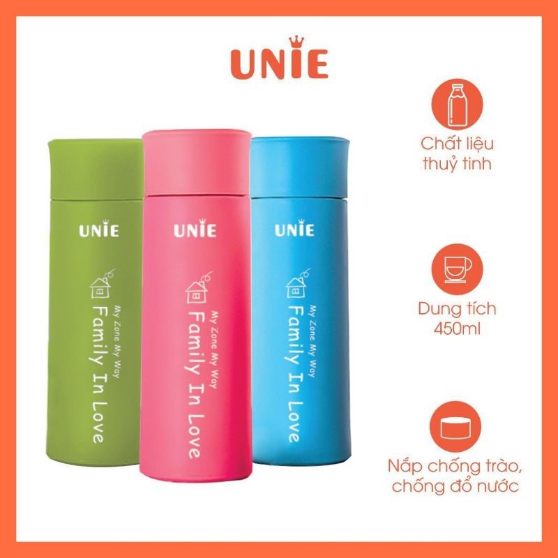 GIÁ HỦY DIỆT Bình Đựng Nước Giữ Nhiệt Unie UN100 - Bình Nước Cầm Tay Thủy Tinh Bọc Nhựa - Dung tích 450ml