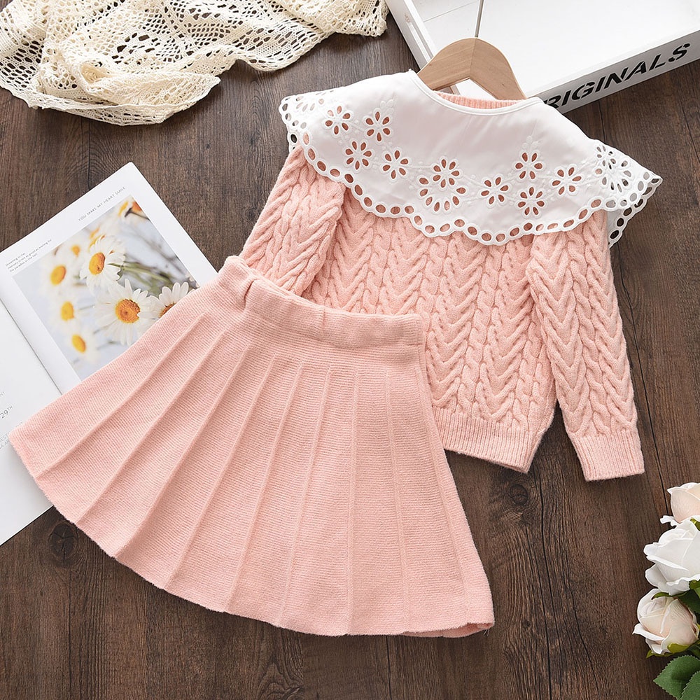 BEAR LEADER Bộ Áo Khoác Cardigan Len 2 Món Phối Đầm Ren Thời Trang Thu Đông Cho Bé Gái 2-6 Tuổi