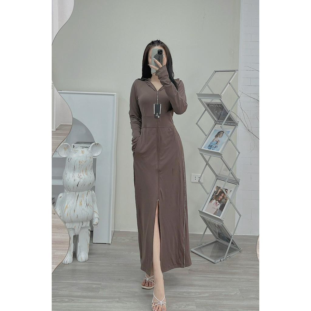 Áo nắng GUNO nữ dáng dài sọc tay mũ rời 2 lớp chống tia UV áo choàng chống nắng toàn thân 3HANU170