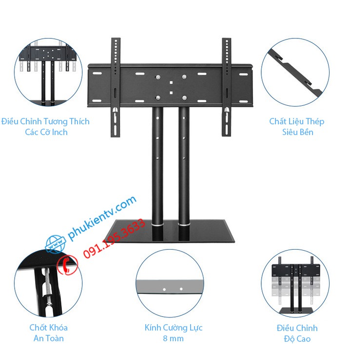 Chân đế tivi đa năng 40 - 65 Inch - Chân tivi để bàn mặt kính cường lực Model: DZ65