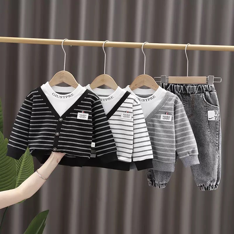(jean baby) sét bộ áo phông da cá dài tay phối quần jean mềm đẹp cho bé trai(8-20kg)
