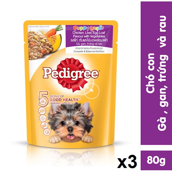 Bộ 3 túi thức ăn chó con dạng sốt Pedigree vị gà, gan, trứng và rau 80g