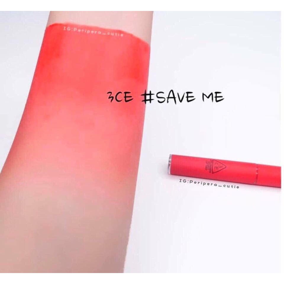 Son 3CE Velvet Lip Tint SaveMe màu san hô neon.