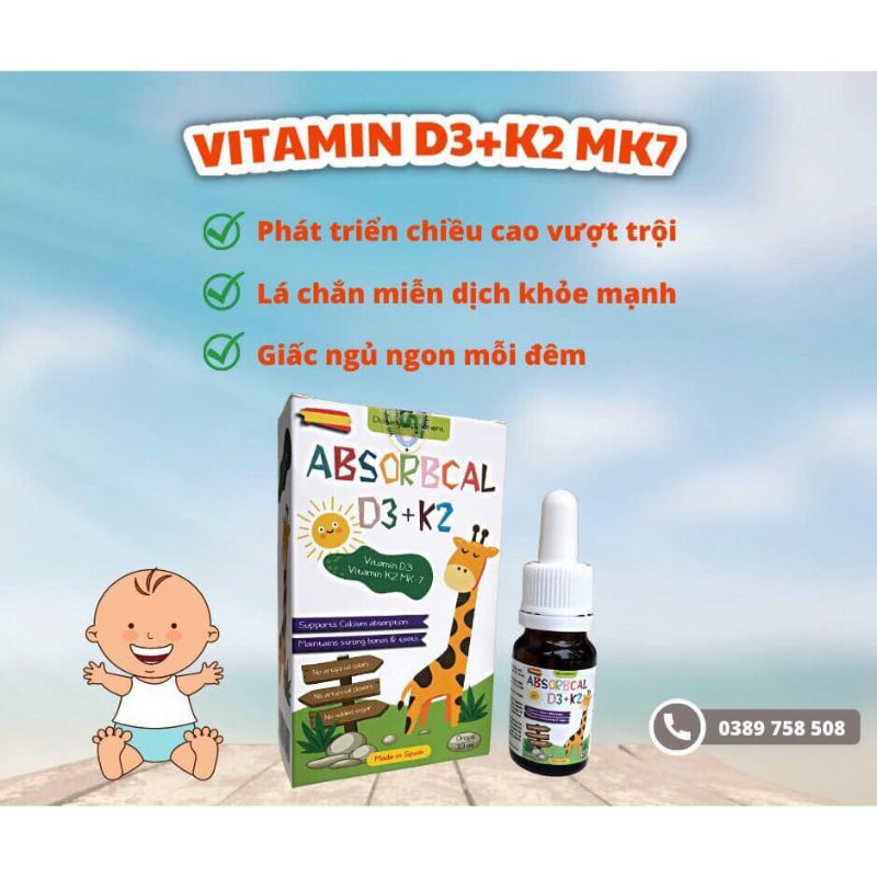 ABSORBCAL D3+K2 10ml bổ sung vitamin D3 K2 Mk7 giúp bé hấp thu Canxi cao khỏe, thông minh nhập khẩu Tây Ban Nha