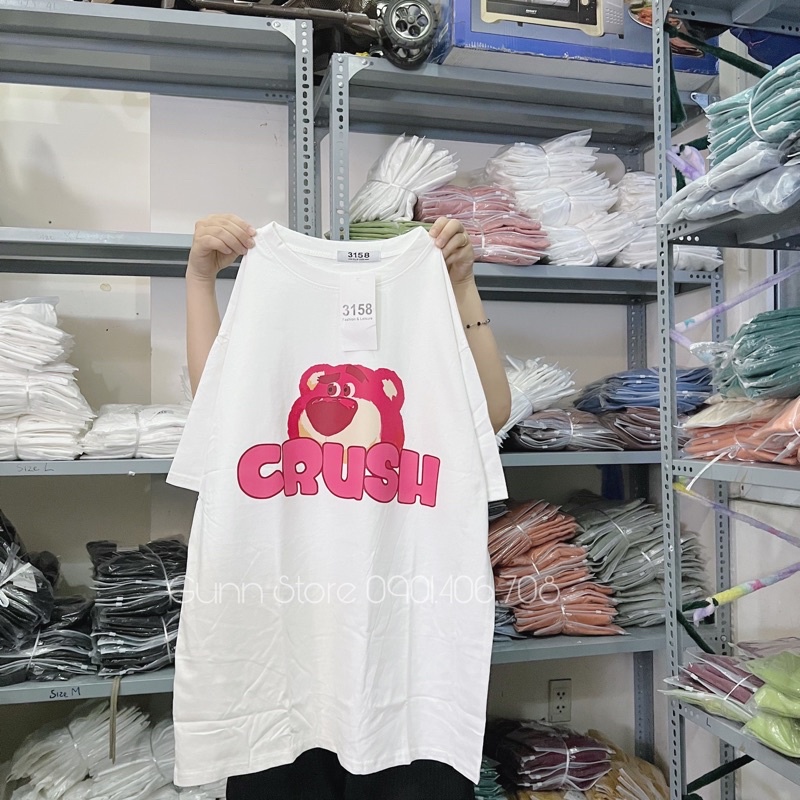 Áo Thun 3158 In Hình Gấu Dâu CRUSH Form Rộng Unisex Chất Cotton Khô Loại 1, Thoáng Mát, Thấm Hút Mồ Hôi - Gunn
