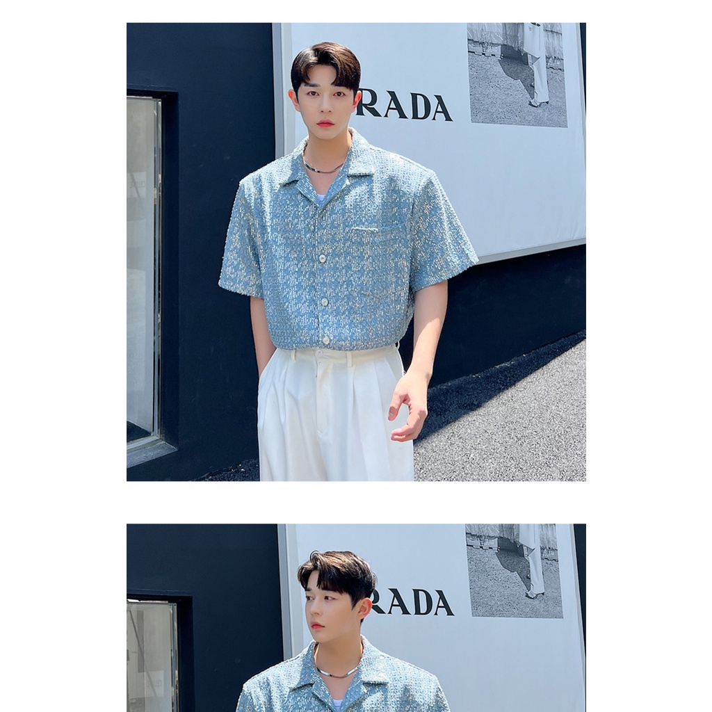 Áo Sơ Mi Denim Tay Ngắn Đính Kim Sa Lấp Lánh Phong Cách Phương Tây Thời Trang Mùa Hè Cho Nam