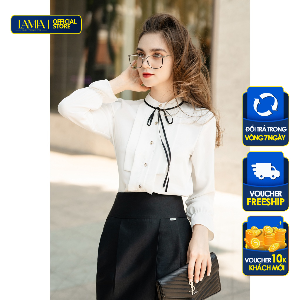Áo sơ mi nữ Lamia Design LA319 màu trắng nơ thắt mảnh quý phái
