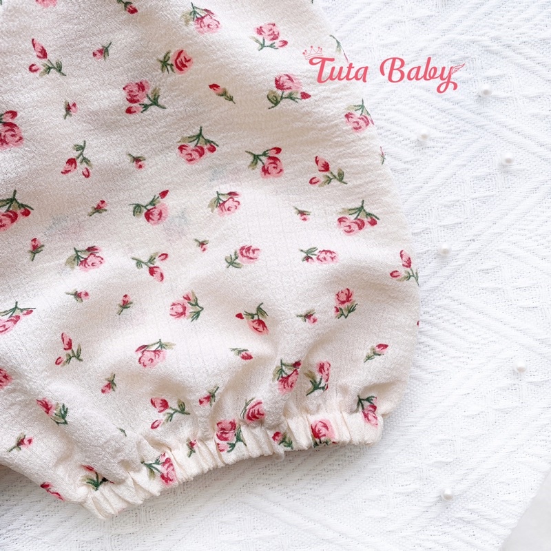 Jumsuit Cho Bé Gái Liền Thân Hoa Xốp Hoa 2 Dây, Nơ Hồng Cho Trẻ Em Tuổi Kèm Turban FREESHIP