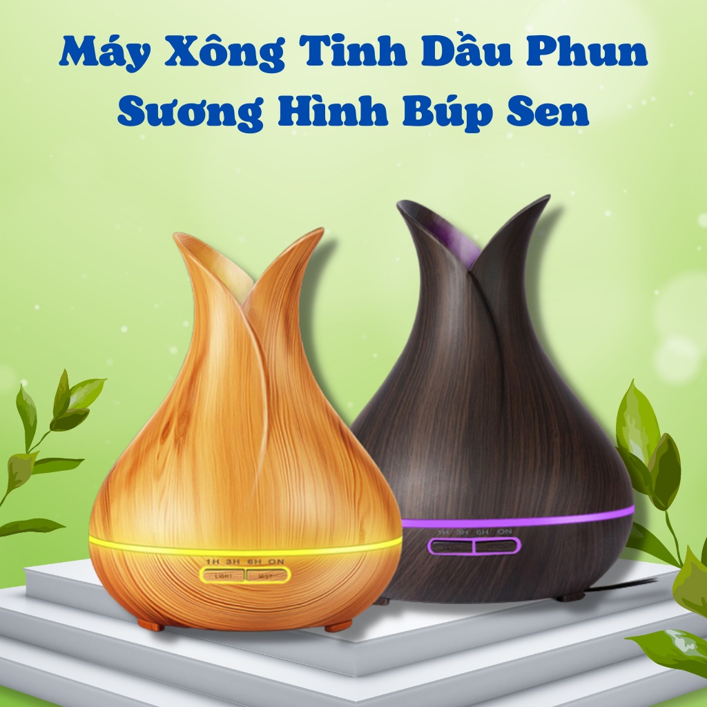 máy khuếch tán tinh dầu, Máy Xông Tinh Dầu Phun Sương Hình Búp Sen 400ml Cao Cấp Có Đèn Led 7 Màu, Có Điều Khiển Từ Xa