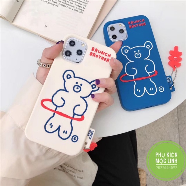 Tặng kèm móc tay  Iphone X xs max 11 pro max ốp gấu bear Brunch Brother