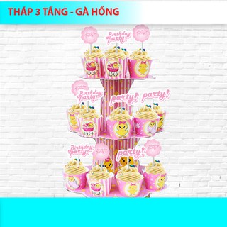 Tháp 3 tầng để bánh cupcake gà hồng