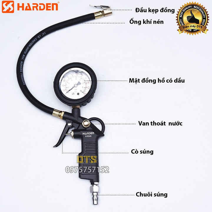 Súng bơm lốp cao cấp mặt đồng hồ dầu, súng bơm hơi công nghiệp HARDEN TOP FINE đo áp suất lốp xe ô tô xe máy máy nén khí