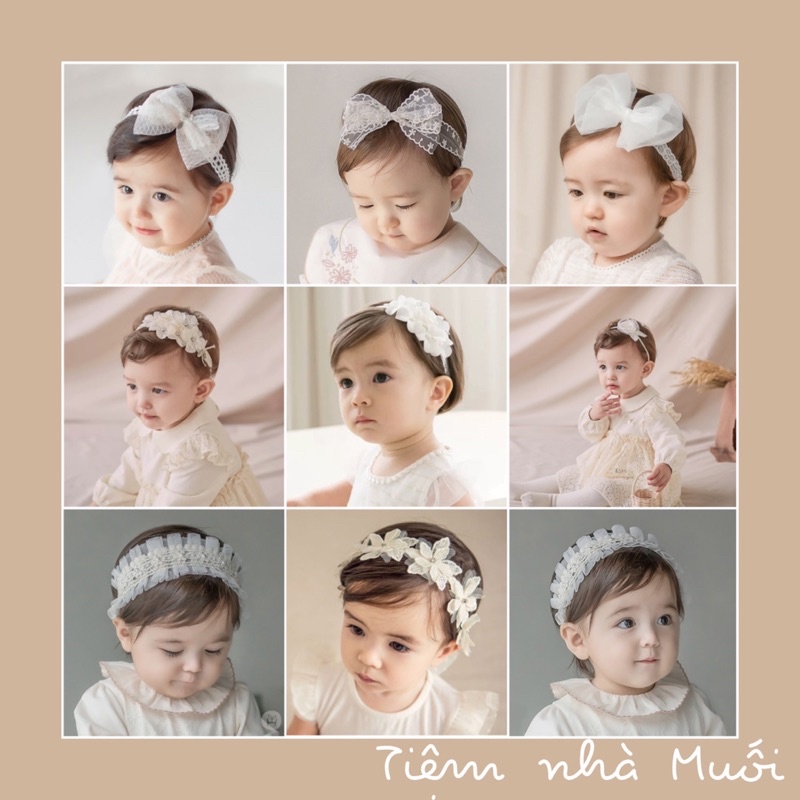 Băng đô cài tóc / Turban nơ ren trắng công chúa phong cách Hàn cho bé gái 6m-2y