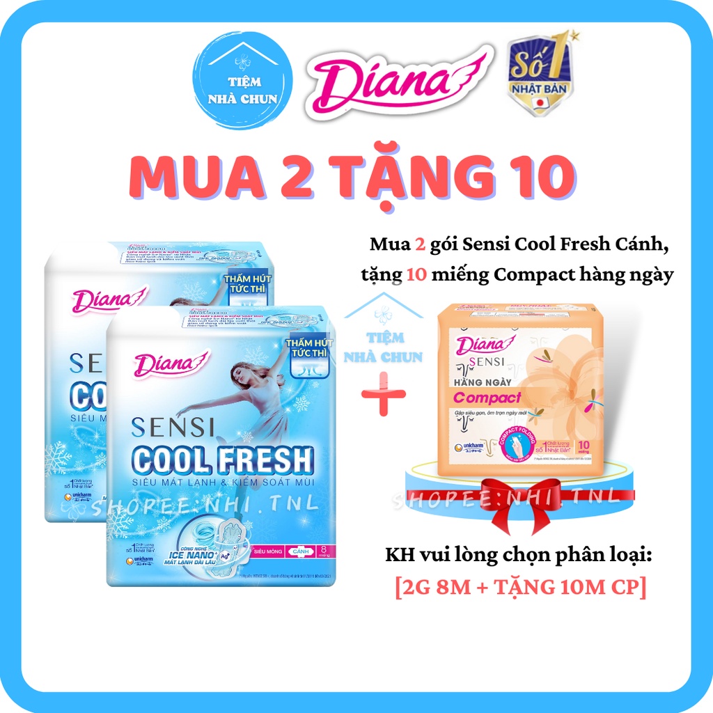 Gói 8 Miếng BVS Diana Sensi Cool Fresh Cánh - Băng Vệ Sinh Diana Cool Fresh Siêu Mát, Mỏng Cánh - NHI.TNL
