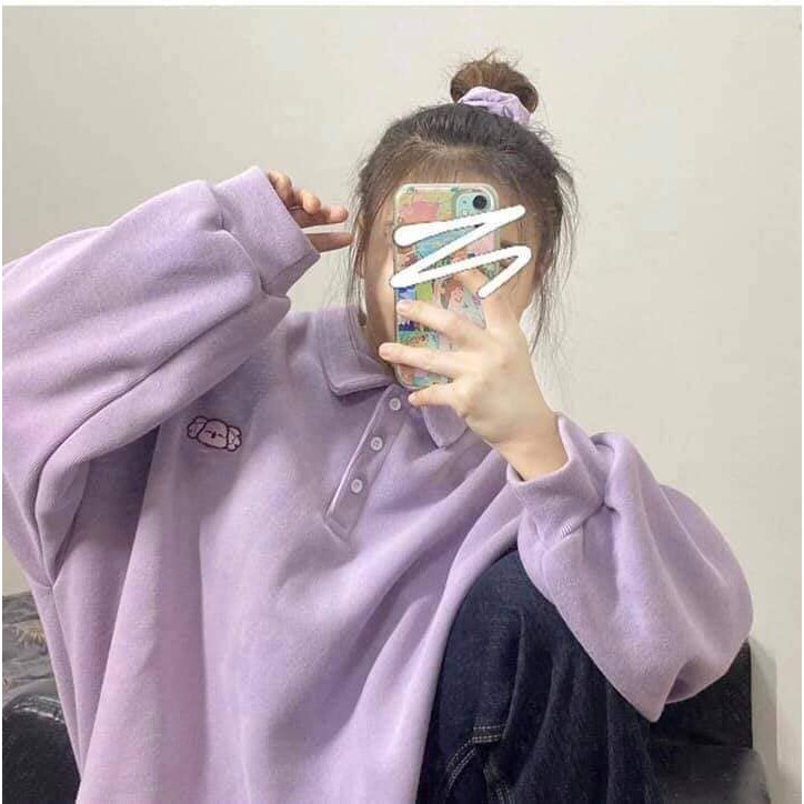 ÁO POLO NỈ LÓT BÔNG IN GẤU KOALA MÀU TÍM ULZZANG FORM RỘNG | BigBuy360 - bigbuy360.vn