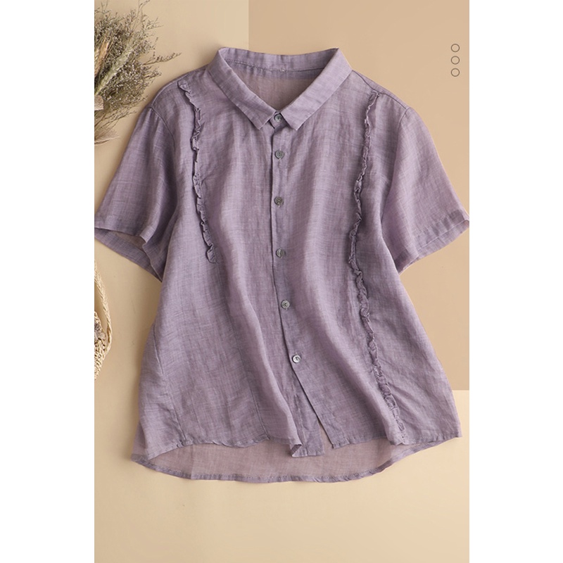 Áo sơ mi vải lanh cotton băng phối ren ngắn tay mỏng phong cách Nhật Bản