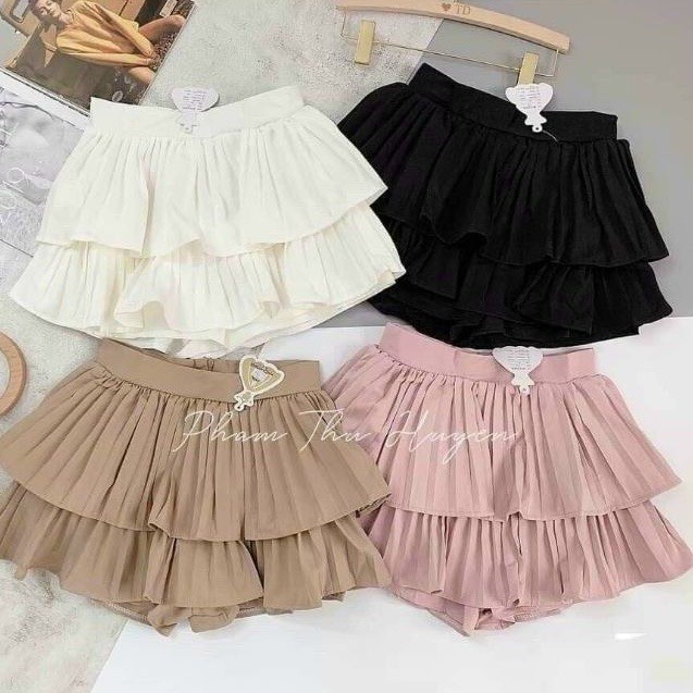 Chân Váy Dếp Ly Phân Tầng Dáng Xòe Vintage Tiểu Thư Kèm Quần Trong Váy