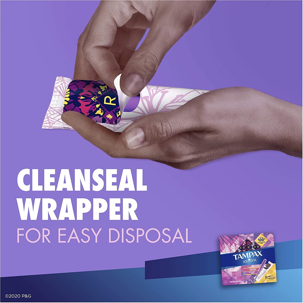 Tampax radiant Tampon Regular 28 miếng cán nhựa cao cấp siêu thấm không mùi