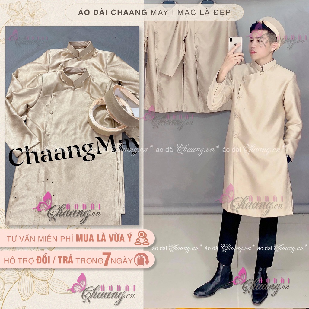 Áo dài nam cách tân Chaang May sẵn vải gấm da be nâu dày dặn lên form Vestton dự tiệc biểu diễn lễ tết đẹp ADC133
