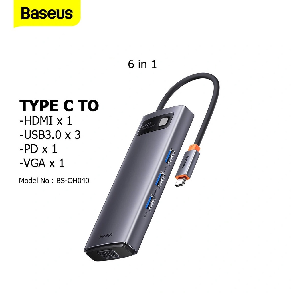 Cổng chuyển 6in1 USB-C to HDMI/VGA/USB/C hàng chính hãng Baseus