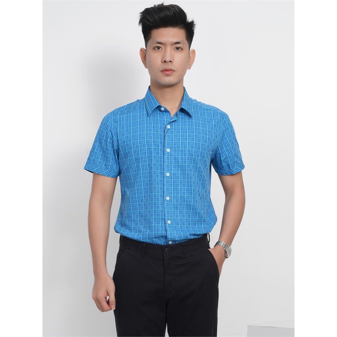 Áo sơ mi nam ngắn tay ARISTINO kẻ caro xanh, sợi tre, dáng slimfit