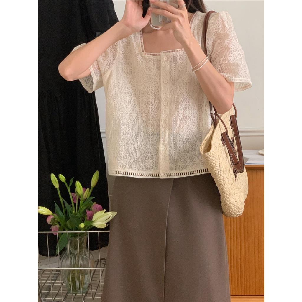 Áo Tay Ngắn Cổ Vuông Phối Ren Thêu Họa Tiết Tinh Tế Phong Cách Hàn Quốc Mới 52354