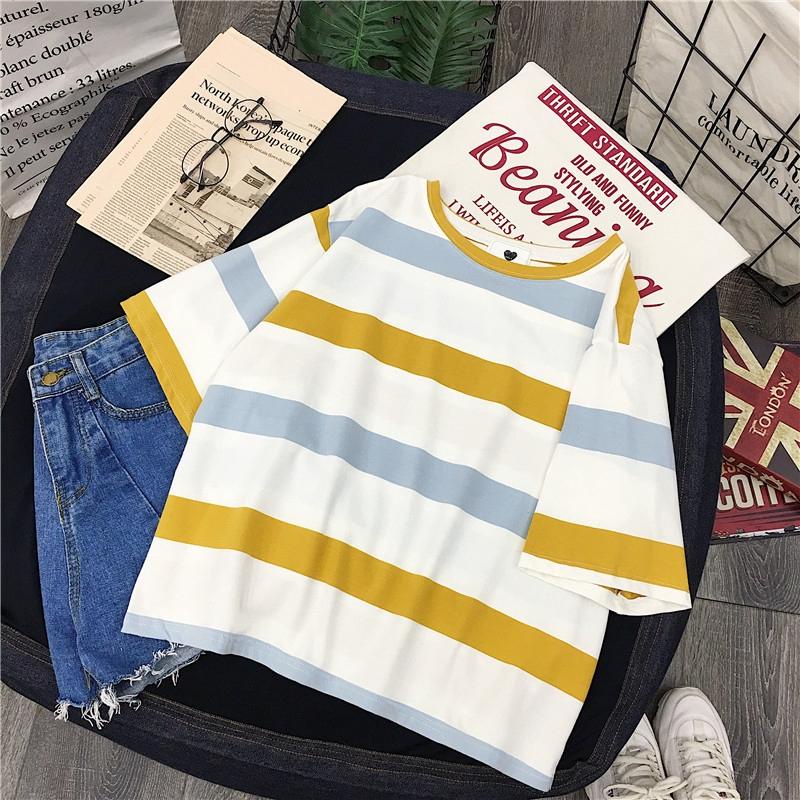 NUZIRO  Áo thun tay ngắn cổ tròn dáng rộng họa tiết kẻ sọc kiểu dáng Hàn Quốc dễ thương cho nữ