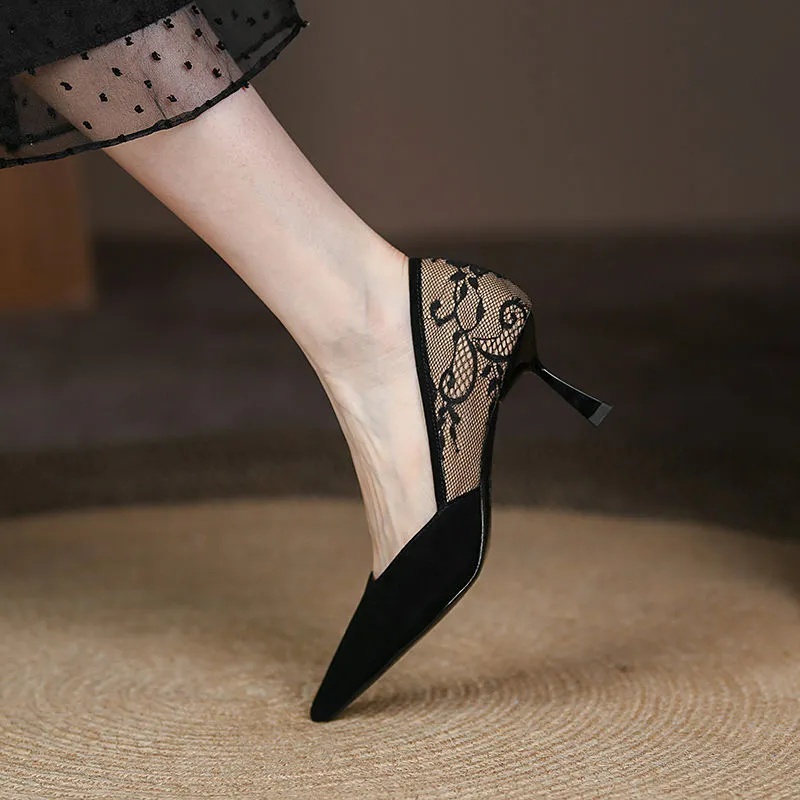 Giày Cao Gót Nữ Mũi Nhọn Màu Đen Phối Ren Thời Trang Quyến Rũ