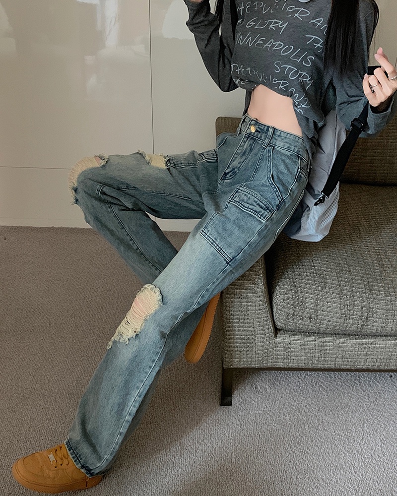 Quần Denim Ống Rộng Lưng Cao Phối Vết Rách Phong Cách Mỹ Thời Trang Mùa Thu Hàng Mới 55925