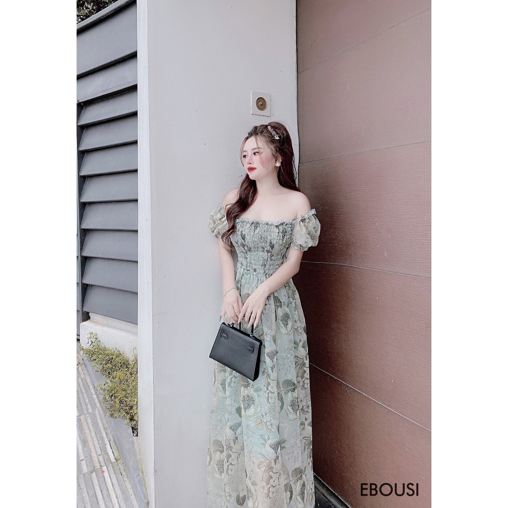 Đầm Maxi Hoa Cổ Vuông, Tay Ngắn Phồng, Nhún Ngực Chun Eo Ren Bèo, Dán suông (ECH012) - Vải Voan - 3 Màu Xanh, Hồng, Nude | BigBuy360 - bigbuy360.vn