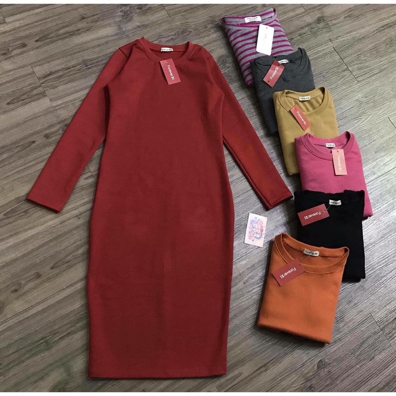 Váy body len tăm dài tay cổ tròn freesize dưới 55kg duyendell