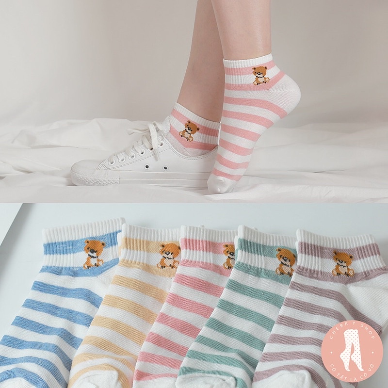 Tất nữ cổ ngắn họa tiết Gấu Kẻ [ Freeship] set 5 đôi vớ nữ phong cách Hàn Quốc