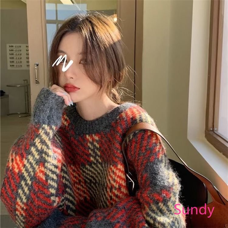 Áo Sweater Dệt Kim Tay Dài Dáng Rộng In Họa Tiết Caro Kiểu Vintage Thời Trang Mùa Thu Cho Bạn Gái