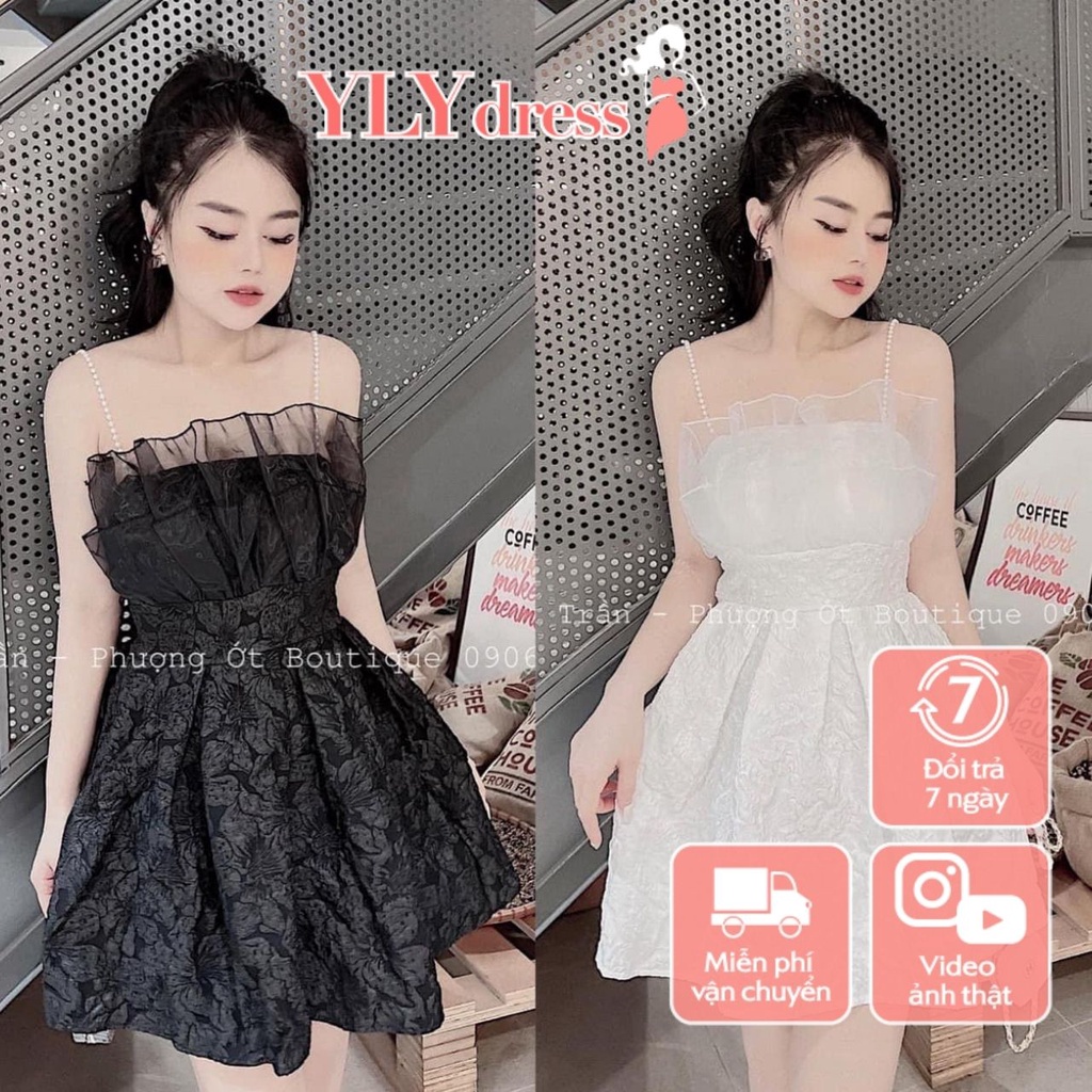 Váy đầm nữ 2 dây ngọc chất gấm Ylydress màu đen trắng xòe ngắn sexy hàn quốc freesize phom ôm body C938