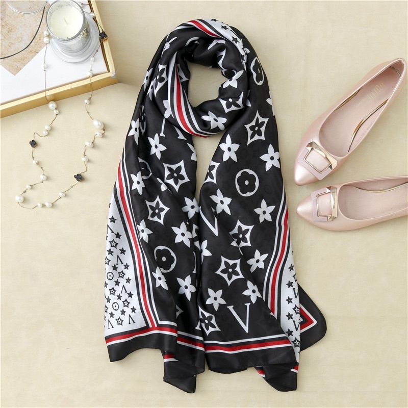 Khăn choàng cổ lụa in hoa năm cánh cao cấp 90x180cm