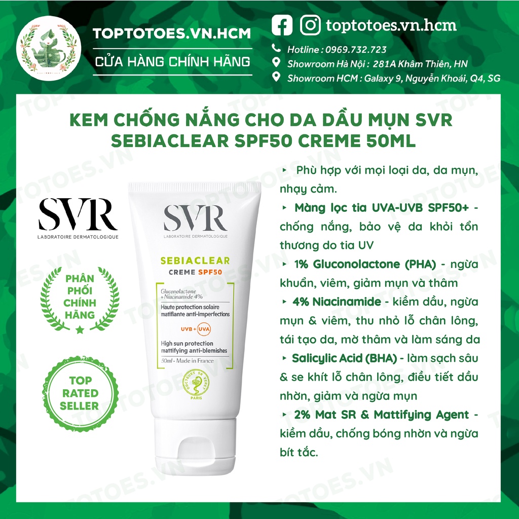 Kem chống nắng cho da dầu mụn SVR Sebiaclear SPF50 Creme 50ml  [NHẬP KHẨU CHÍNH HÃNG 100%]