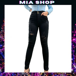 Quần jean nữ lưng cao màu đen rách kiểu, vải jean co giãn mềm mịn thời trang cao cấp Miashop – QJNMA00