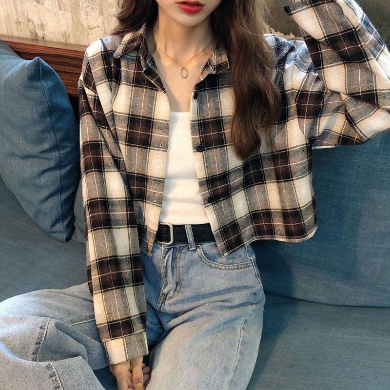 Áo khoác sơ mi kẻ dáng ngắn croptop ulzzang hàng quảng châu - Có ảnh thật